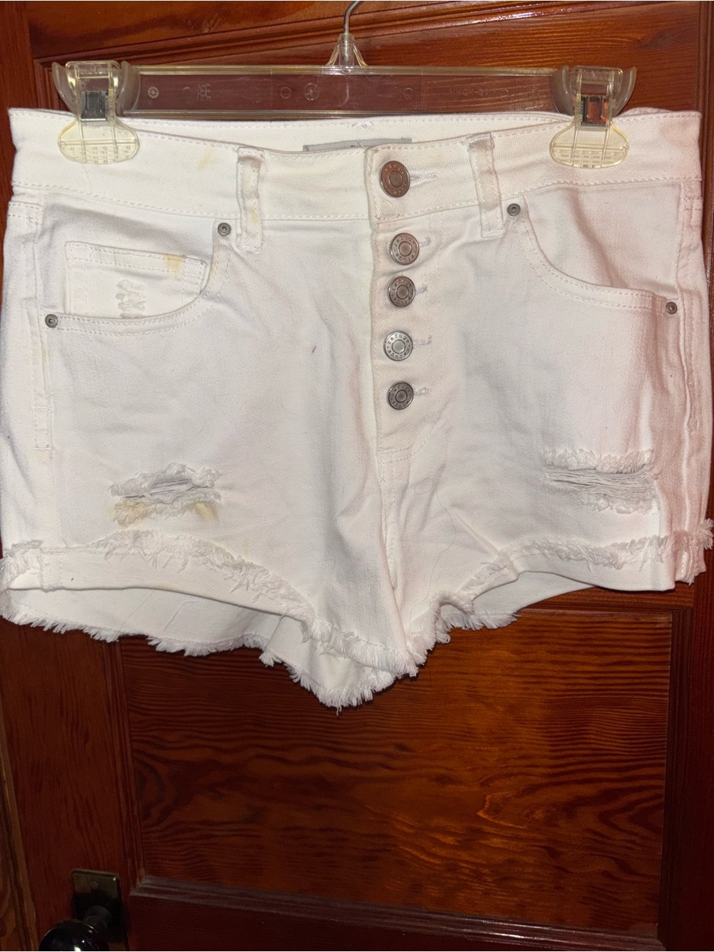 refuge White High-Rise Button-Fly Distressed Denim Shorts